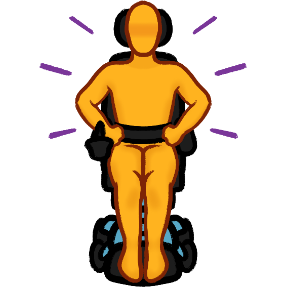 a humanoid figure sitting in a light blue power chair with their hands triumphantly on their hips; purple dashes are coming from their body.